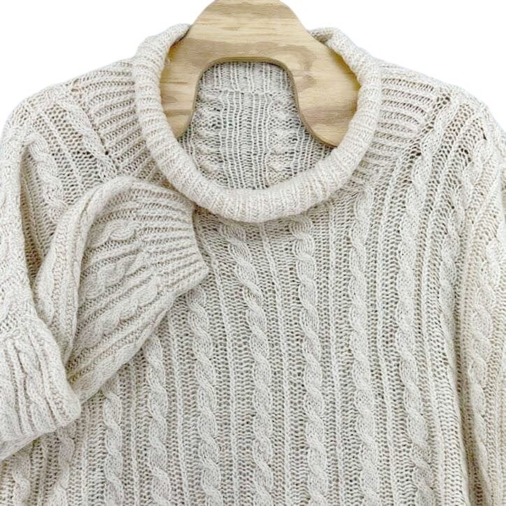 VTG Oversized Cream Cable Knit Mock Neck Sweater Balloon Sleeve Chunky Fisherman